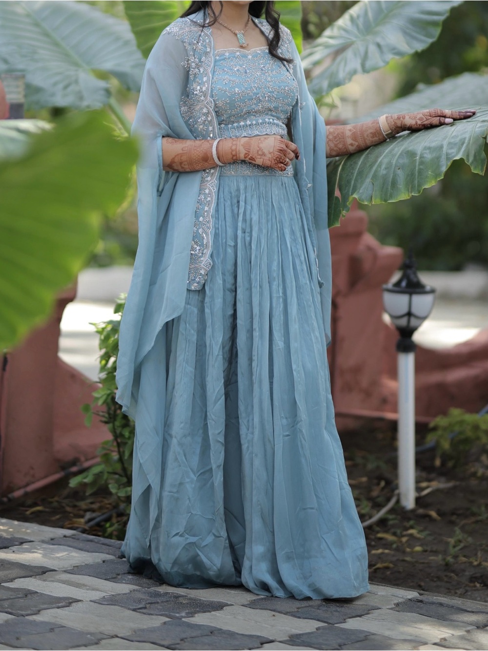 Embellished Light Blue Maxi Skirt Set with Sheer Draped Jacket